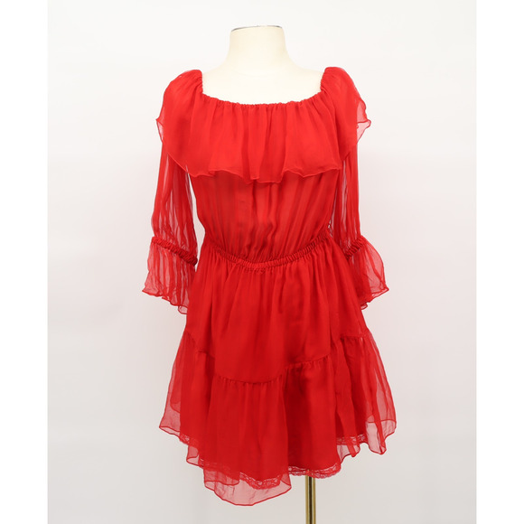 Gucci Dresses & Skirts - Gucci Women's Ruffled Off The Shoulder Silk Chiffon Mini Dress Red Sz 38